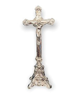 Crucifixo de Mesa Metal Com Cristo Prateado 17cm